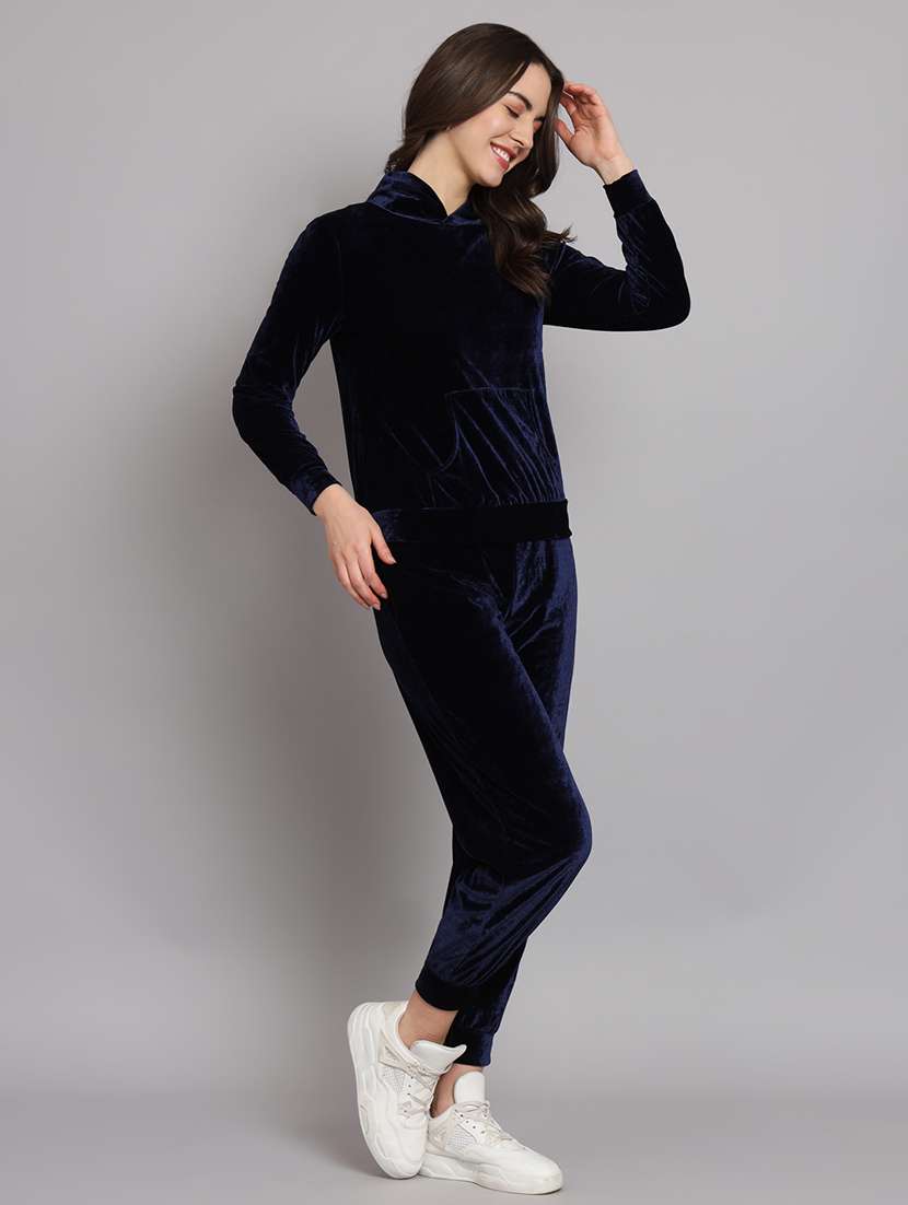 women solid hooded velvet active wear set - 22008766 -  Standard Image - 2