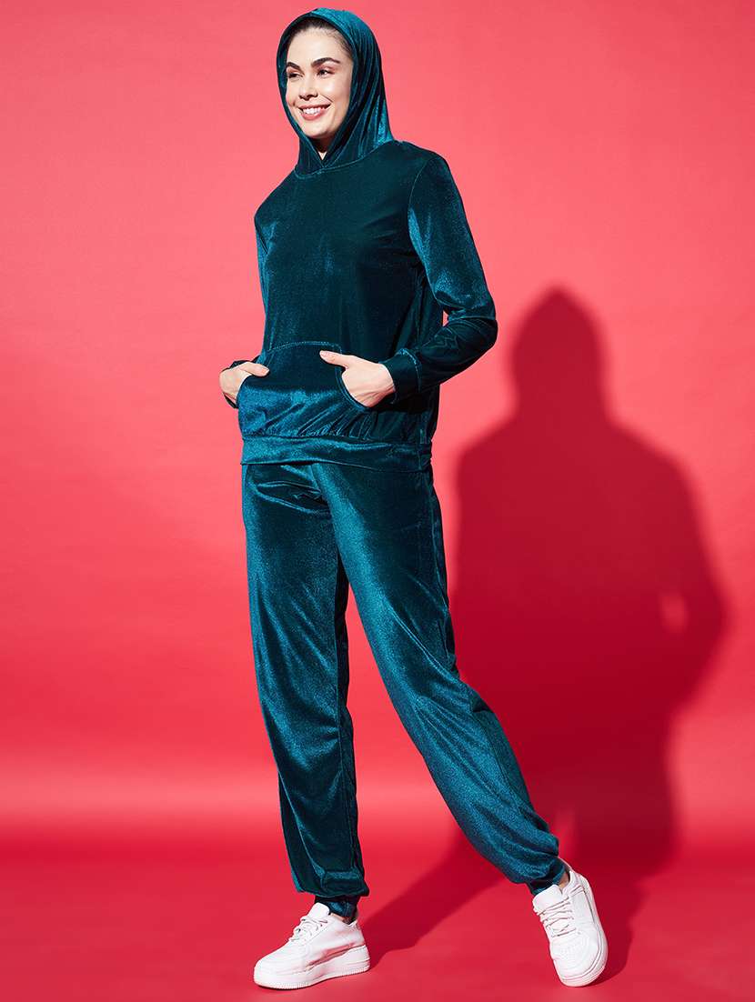 women solid hooded velvet active wear set - 22008769 - Standard Image - 2