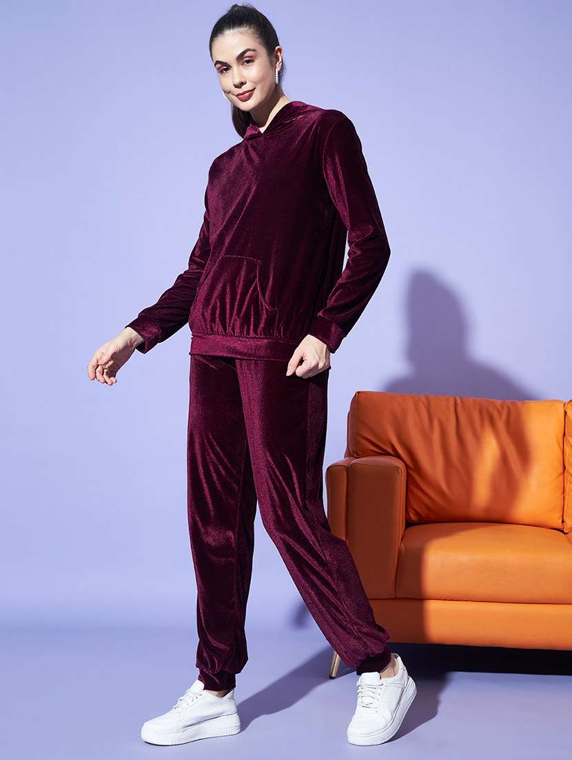 women solid hooded velvet active wear set - 22008770 - Standard Image - 2