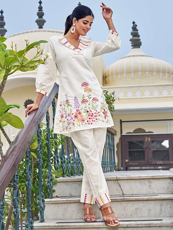 women solid with work three quarter sleeve ethnic co-ord set - 22009117 - Standard Image - 2