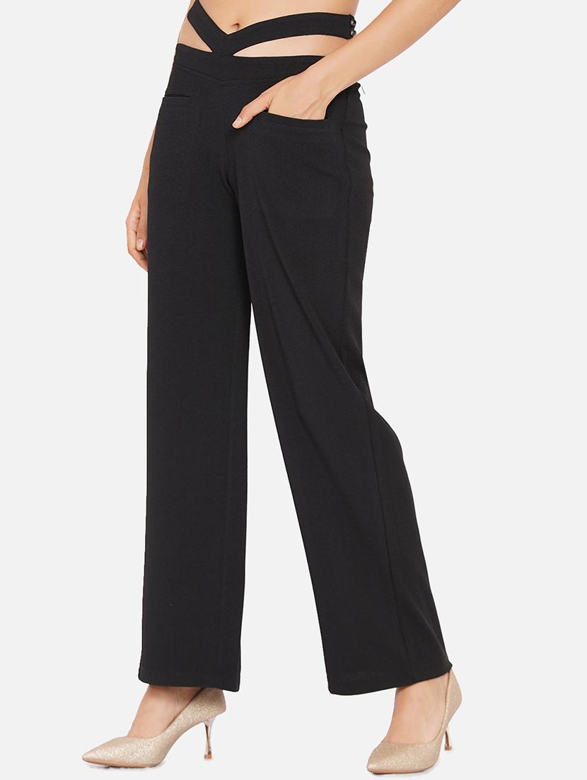 women solid mid rise cut-out detail wide leg trouser - 22009128 - Standard Image - 2