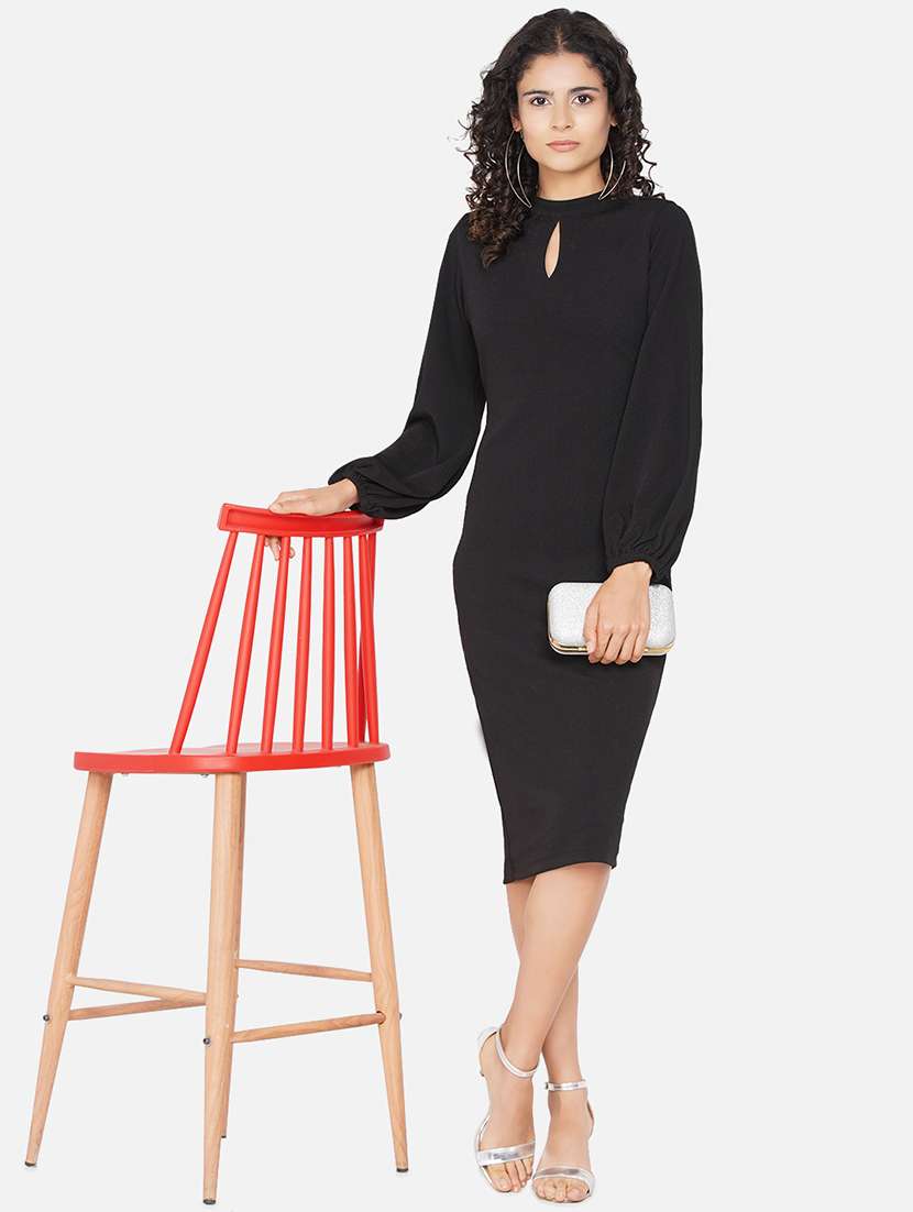 women solid bishop sleeve slim fit bodycon dress