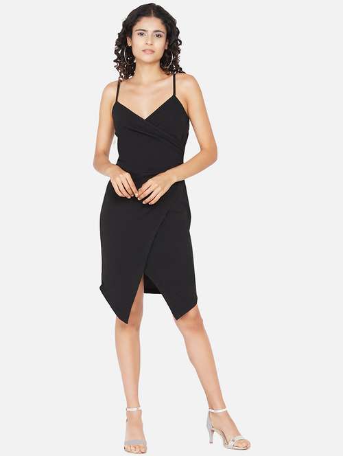 women solid shoulder strap slim fit asymmetric dress