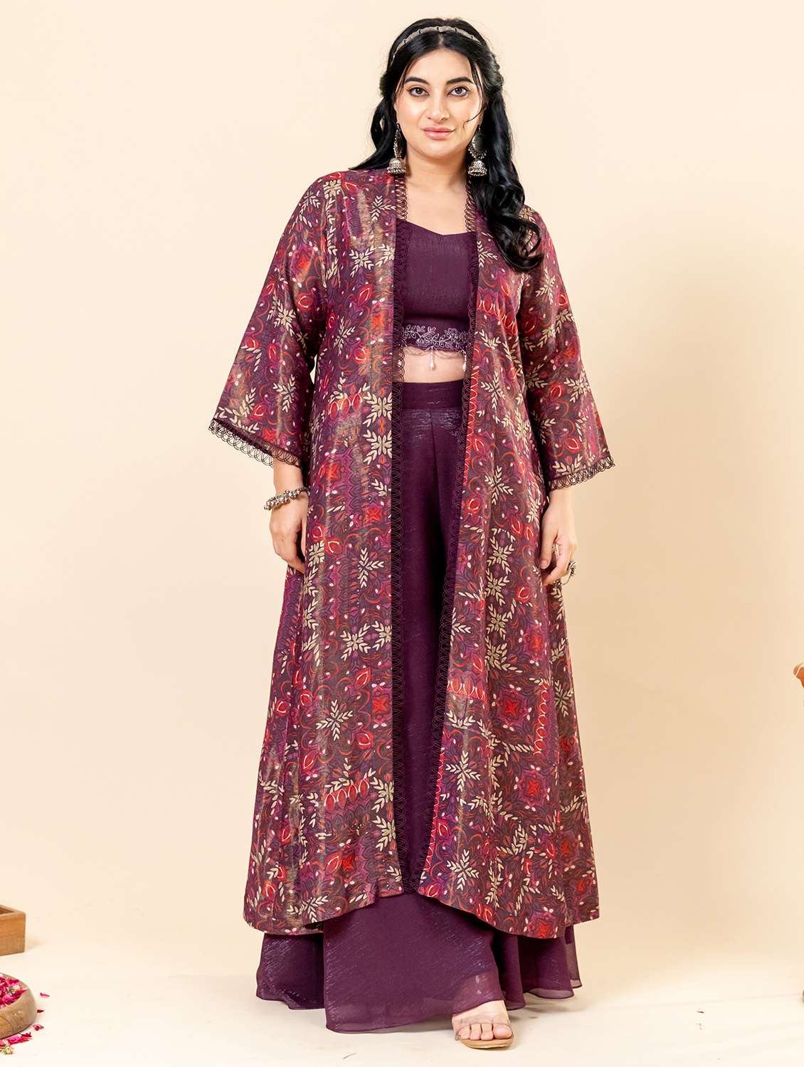 women printed three quarter sleeve fusion set 