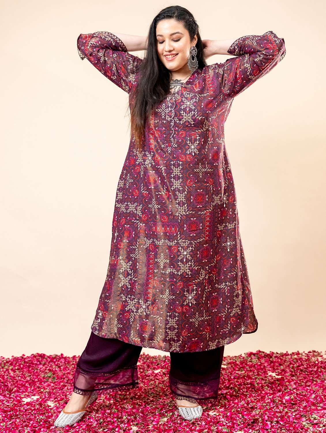 Women Plus Size Printed Three Quarter Sleeve Kurta Pant Set