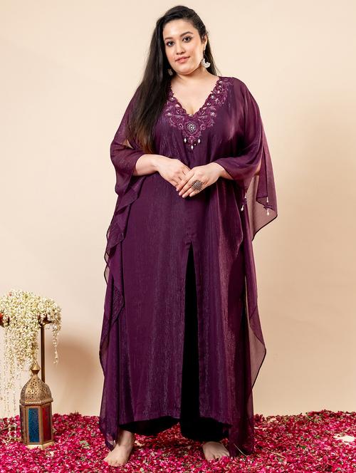 women plus size solid with work kaftan kurta with pant set - 22009143 - Standard Image - 0