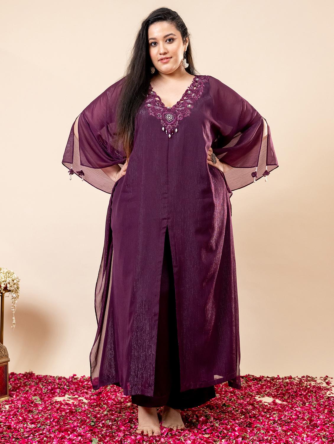 women plus size solid with work kaftan kurta with pant set - 22009143 - Standard Image - 2