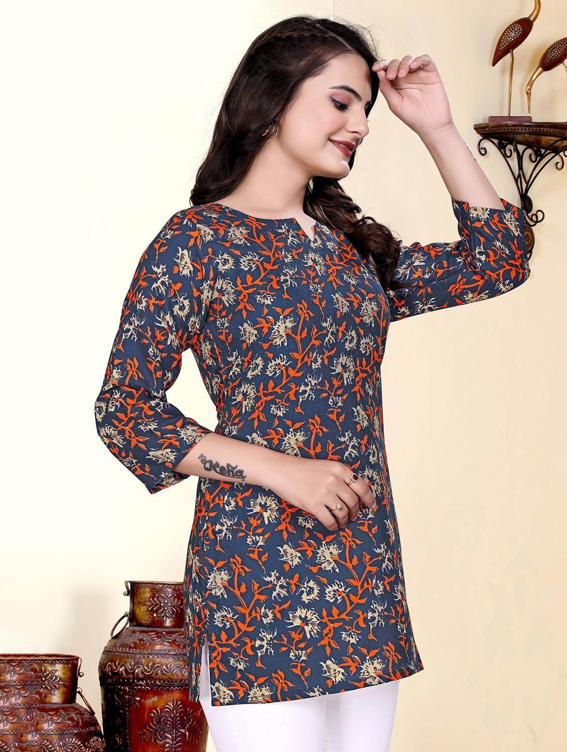 women printed three quarter sleeve straight kurti - 22009149 - Standard Image - 2