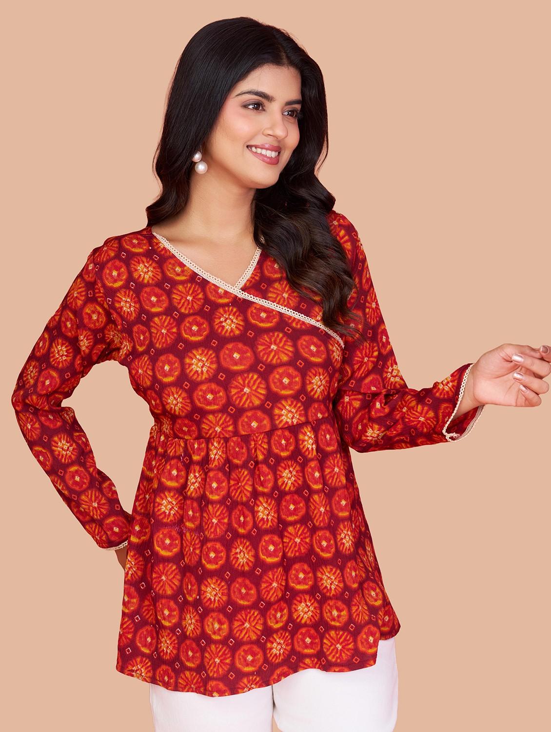 women tie & dye long sleeve angrakha kurti - 22009156 - Standard Image - 2