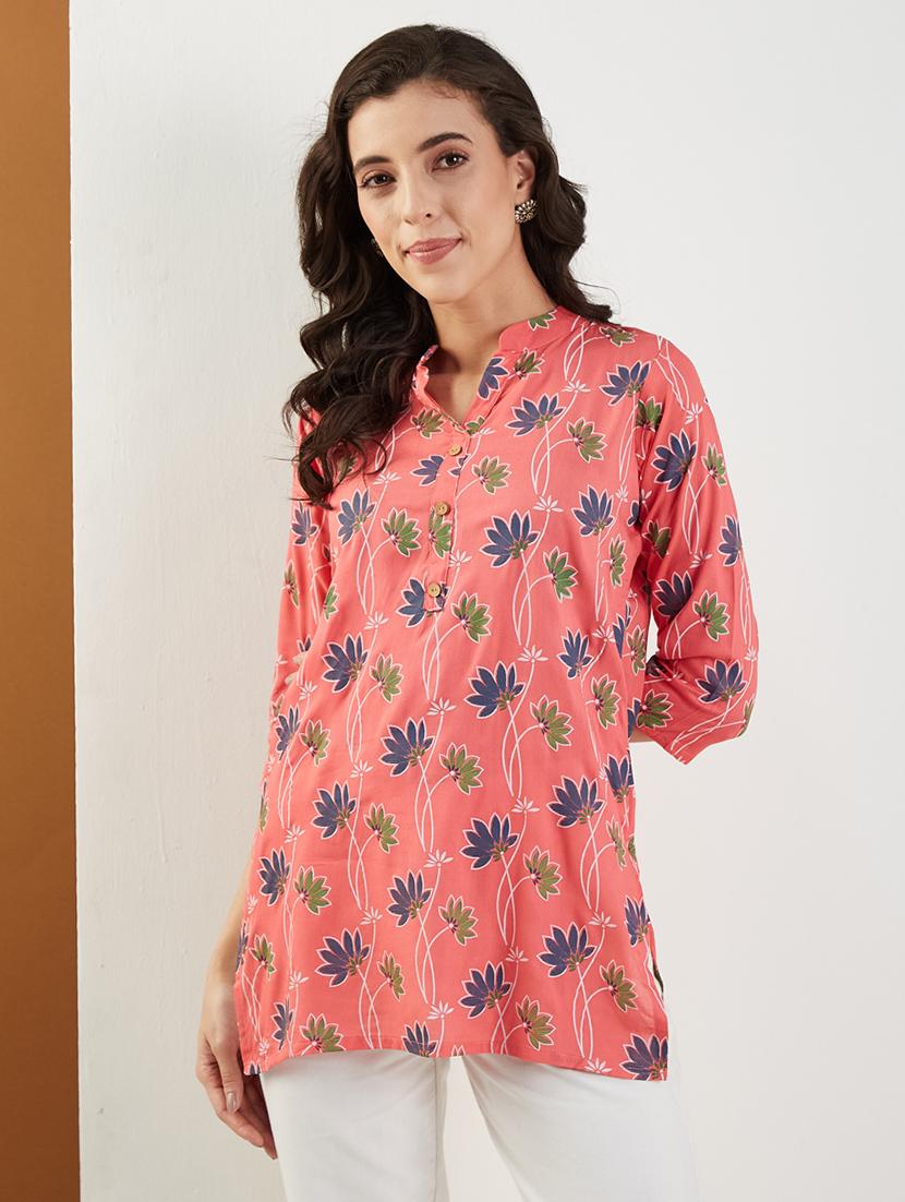 women floral printed three quarter sleeve straight kurti - 22009251 - Standard Image - 2