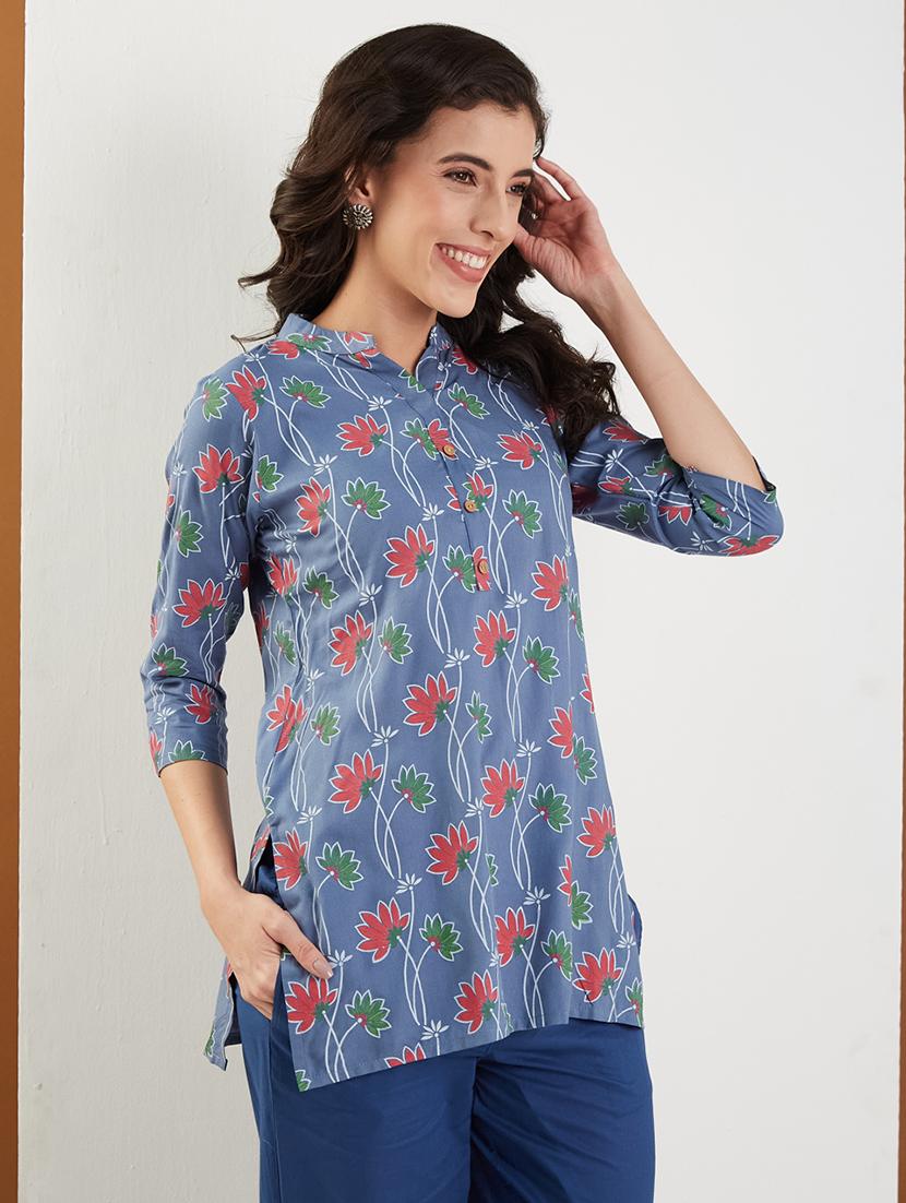 women floral printed three quarter sleeve straight kurti - 22009252 - Standard Image - 2