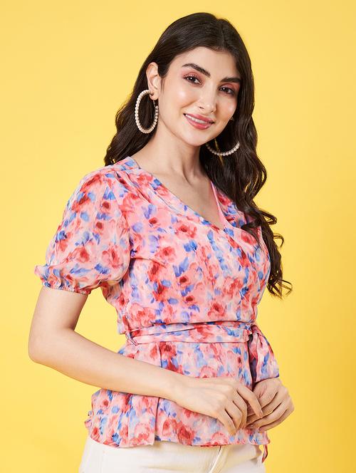 women printed puff sleeve regular fit wrap top - 22009403 -  Standard Image - 0