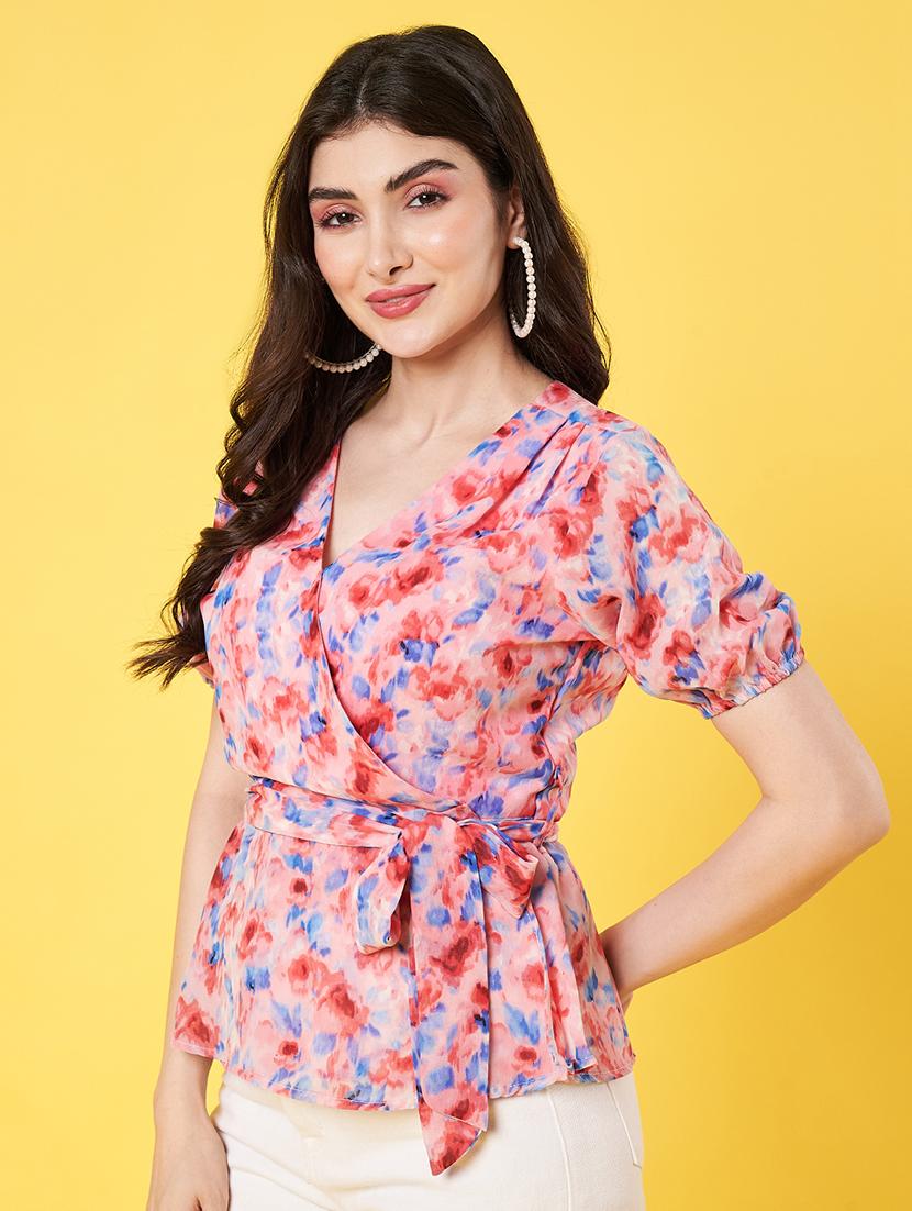 women printed puff sleeve regular fit wrap top - 22009403 - Standard Image - 2