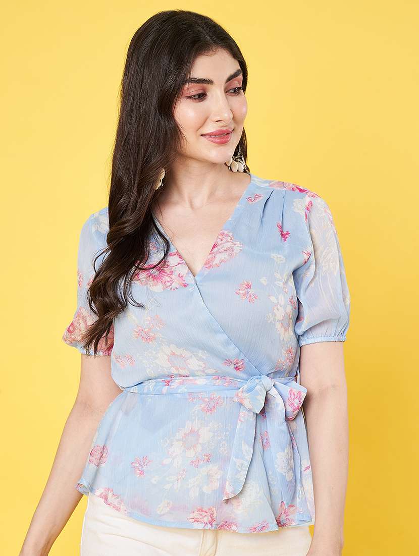 women floral printed puff sleeve regular fit wrap top