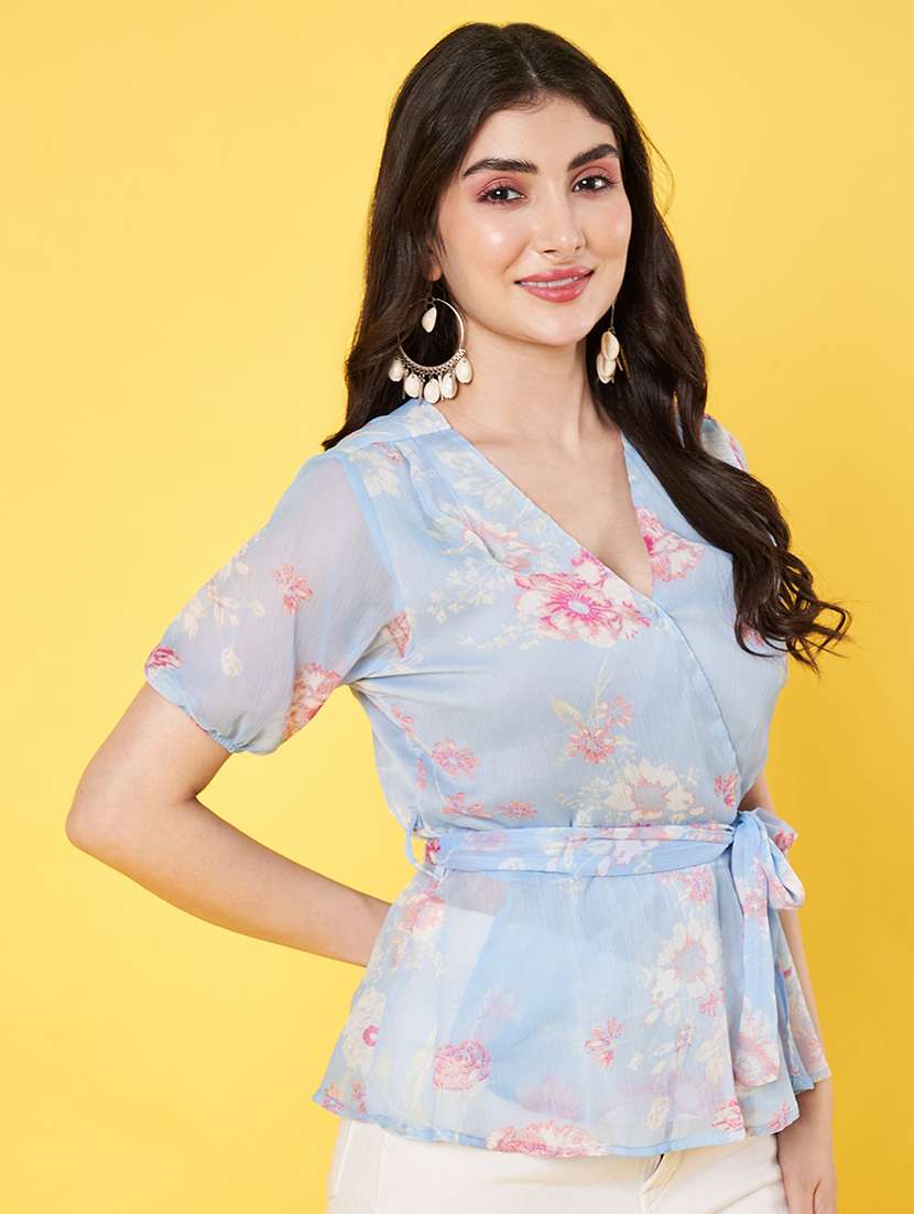 women floral printed puff sleeve regular fit wrap top - 22009404 -  Standard Image - 2