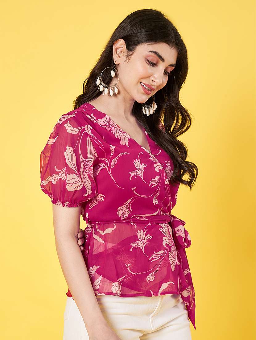 women floral printed puff sleeve regular fit wrap top - 22009405 -  Standard Image - 2