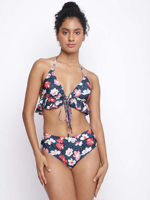 women blue floral print tankini panty