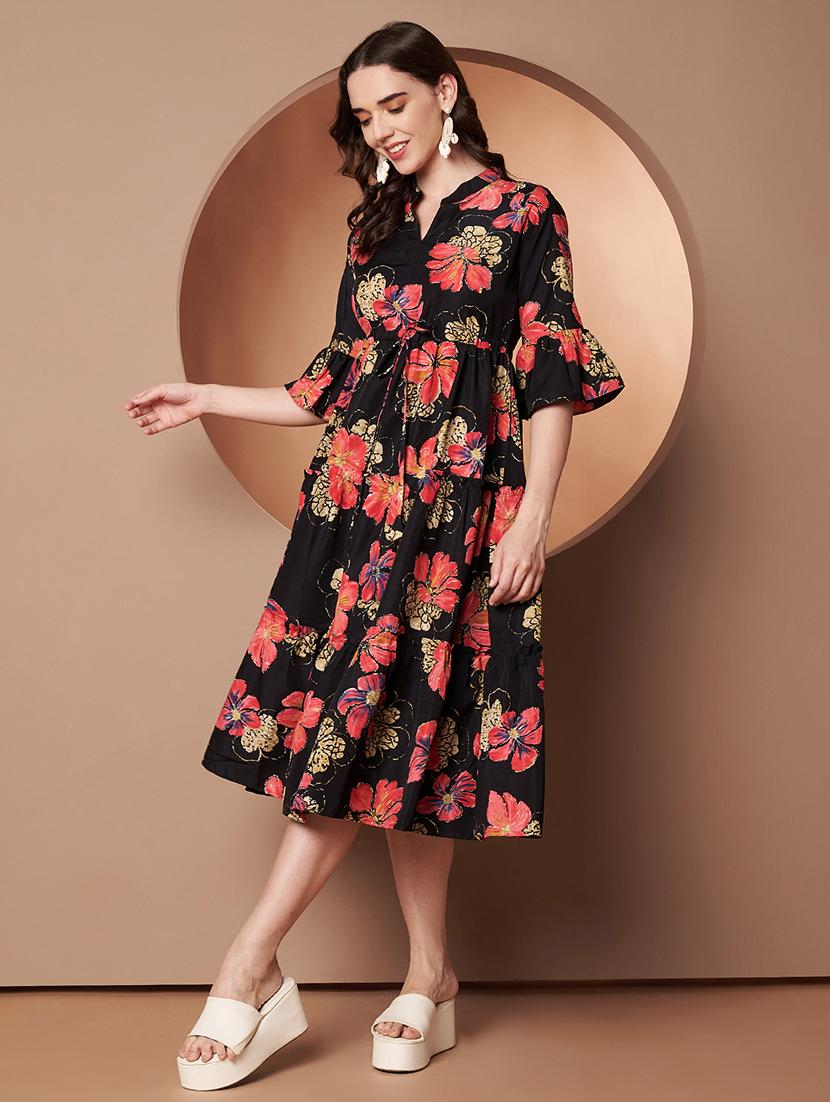 women floral print three quarter sleeve tiered dress - 22009503 - Standard Image - 2