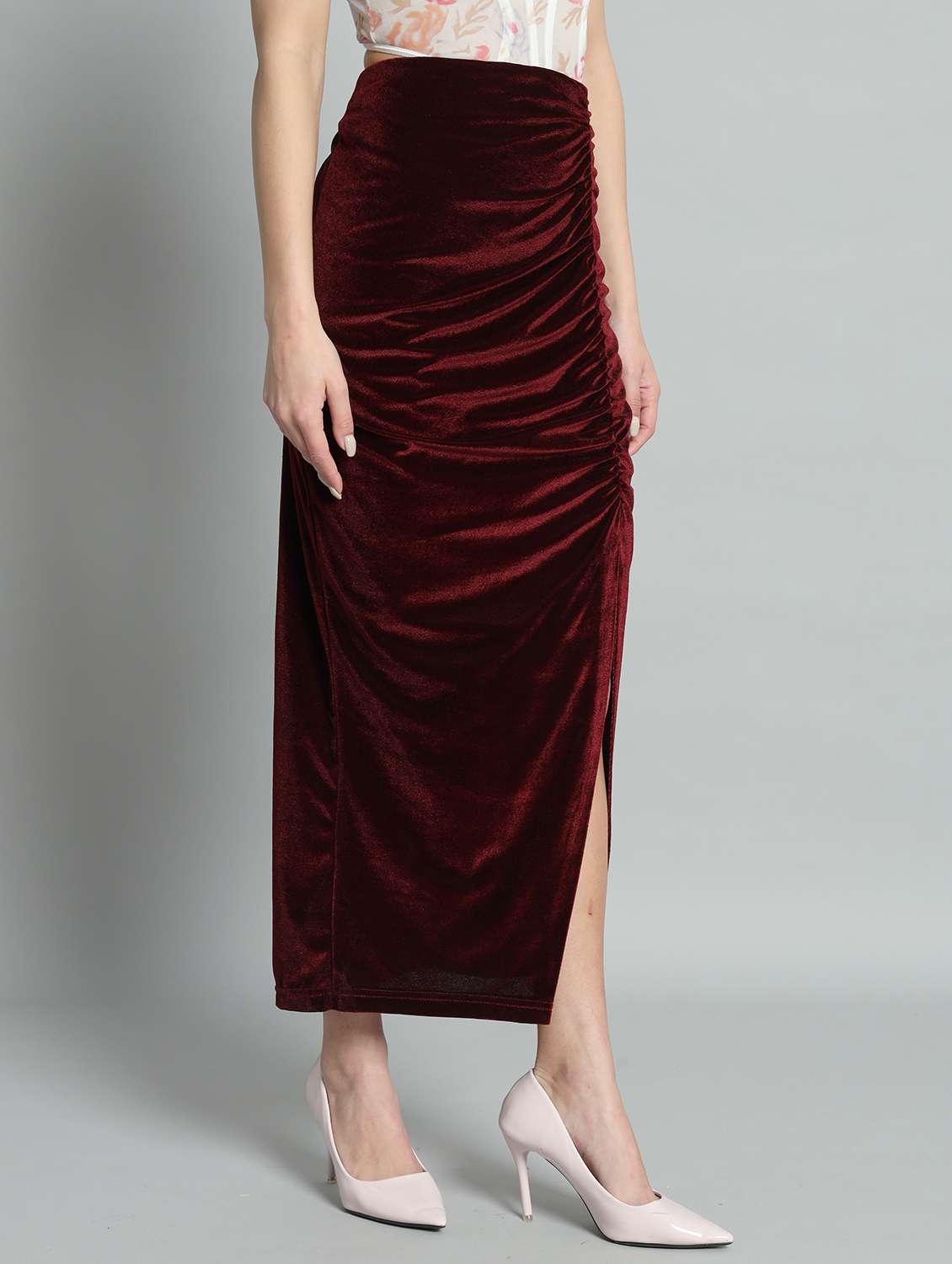 women maroon solid high tise ruched skirt - 22009683 -  Standard Image - 2