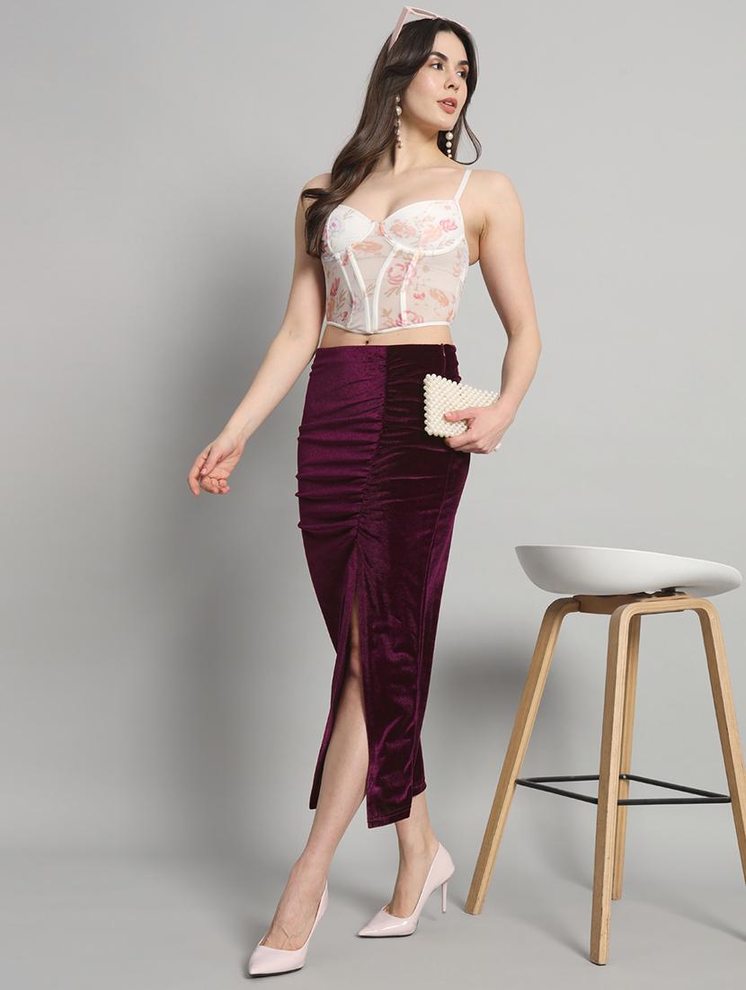 women solid high rise ruched skirt - 22009684 - Standard Image - 2