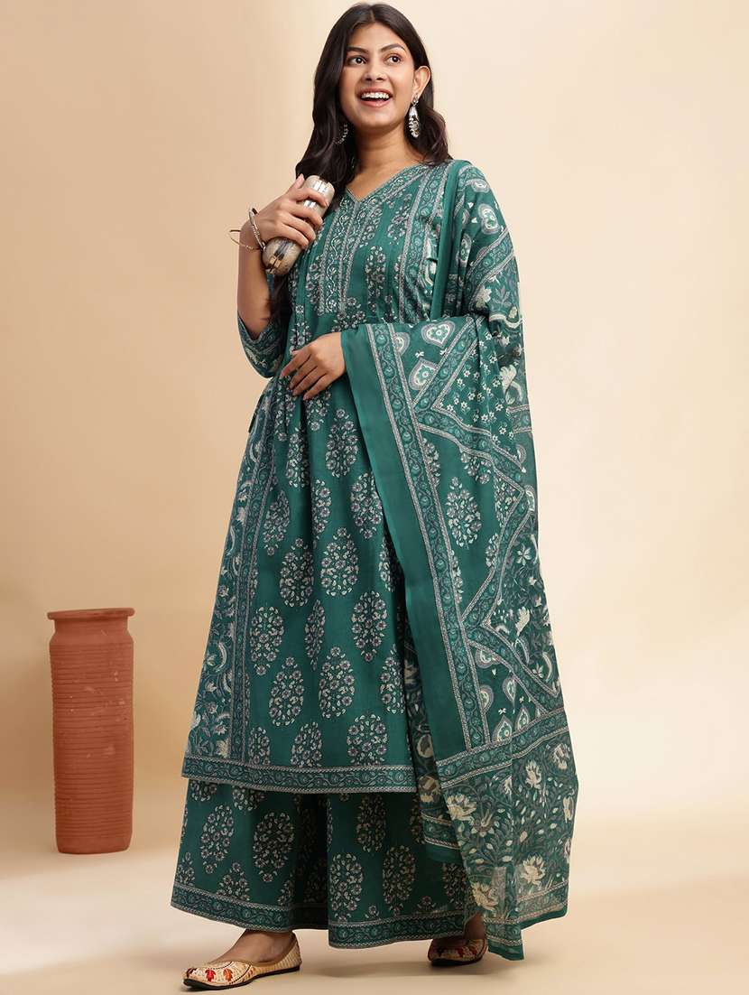 women floral three quarter sleeve kurta palazzo with dupatta set - 22011168 -  Standard Image - 2