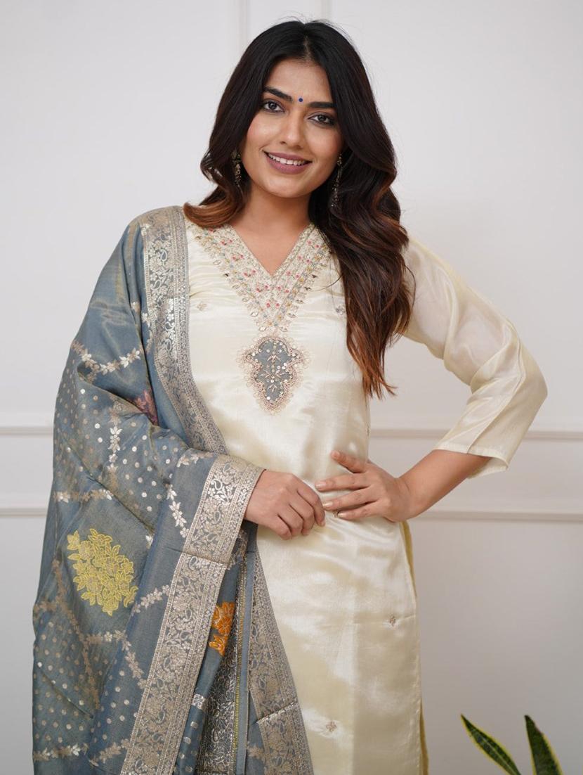 women embroidered three quarter sleeve kurta pant with dupatta set - 22011172 - Standard Image - 2