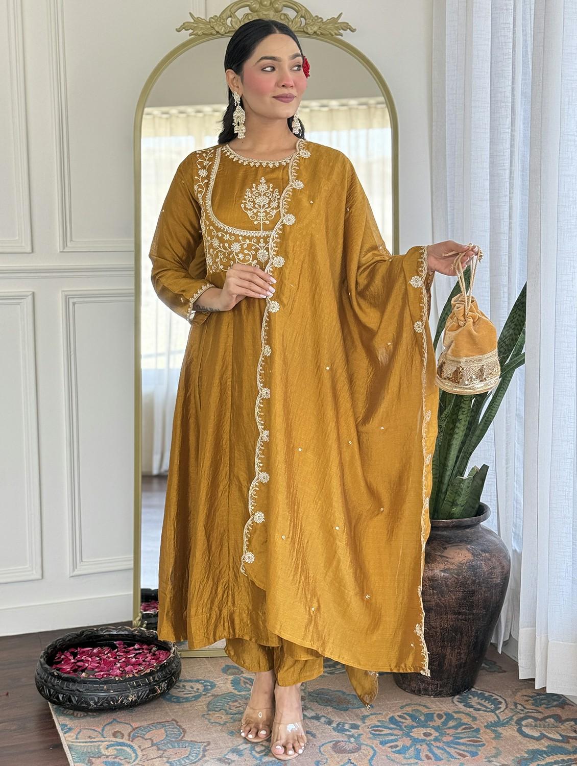 women embroidered long sleeve anarkali kurta pant with dupatta set - 22011239 - Standard Image - 2