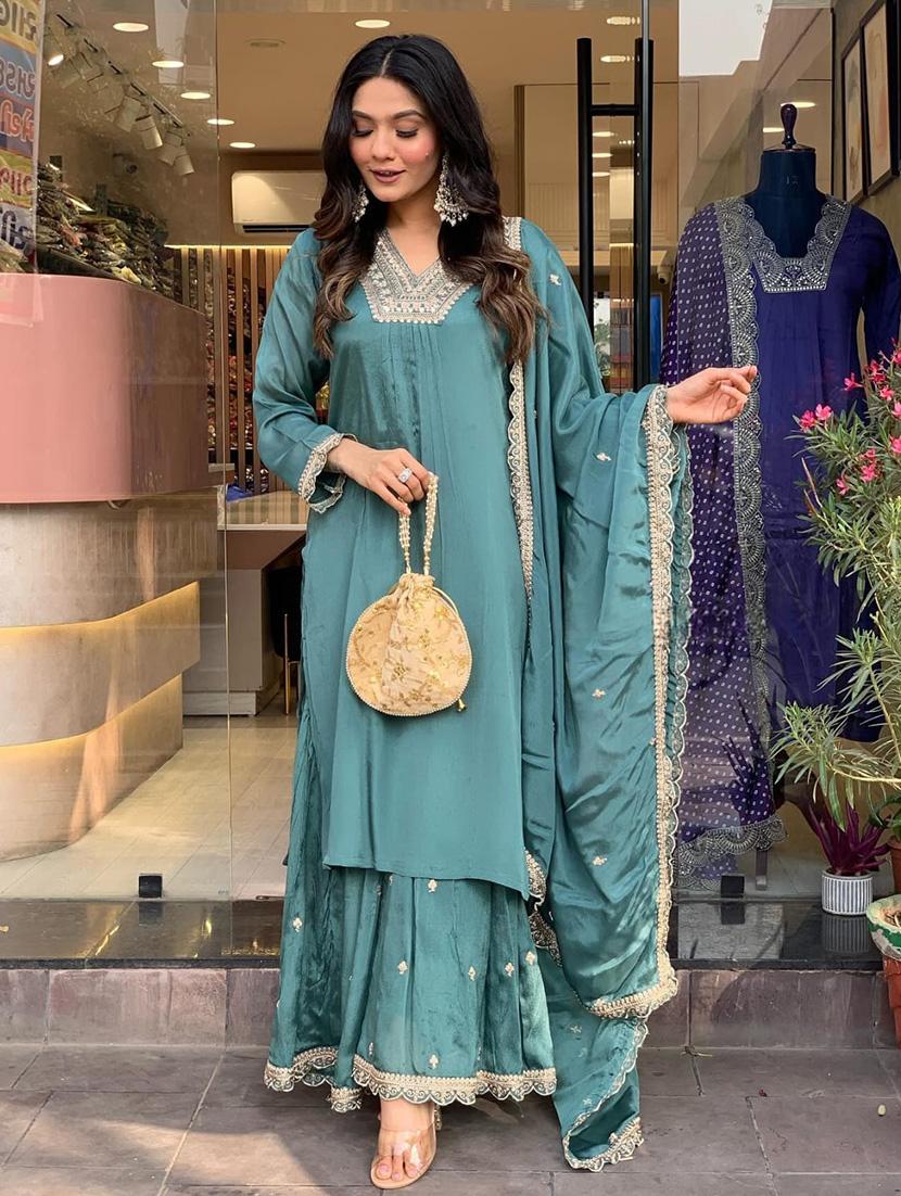 women embroidered long sleeve kurta sharara with dupatta set - 22011242 - Standard Image - 2