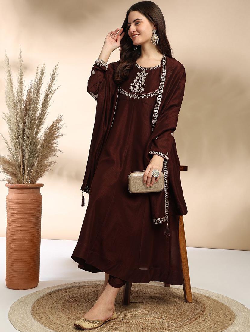 women embroidered long sleeve anarkali kurta pant with dupatta set - 22011246 - Standard Image - 2