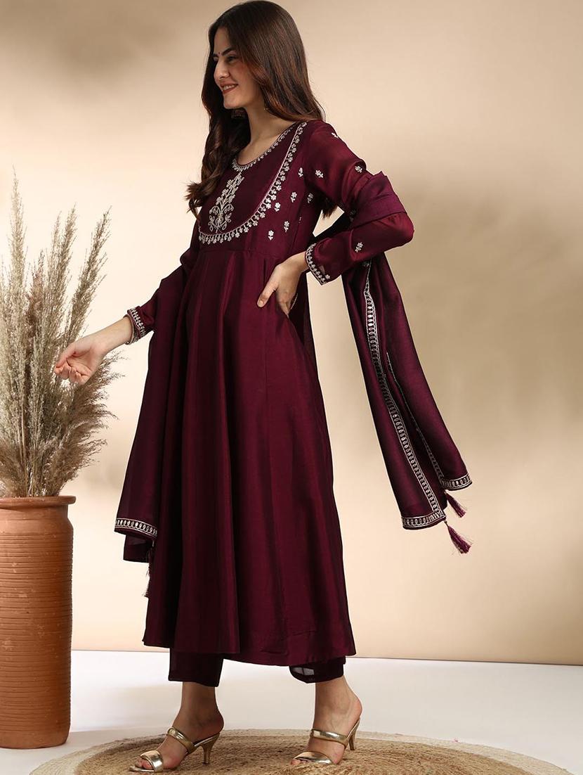 women embroidered long sleeve anarkali kurta pant with dupatta set - 22011248 - Standard Image - 2