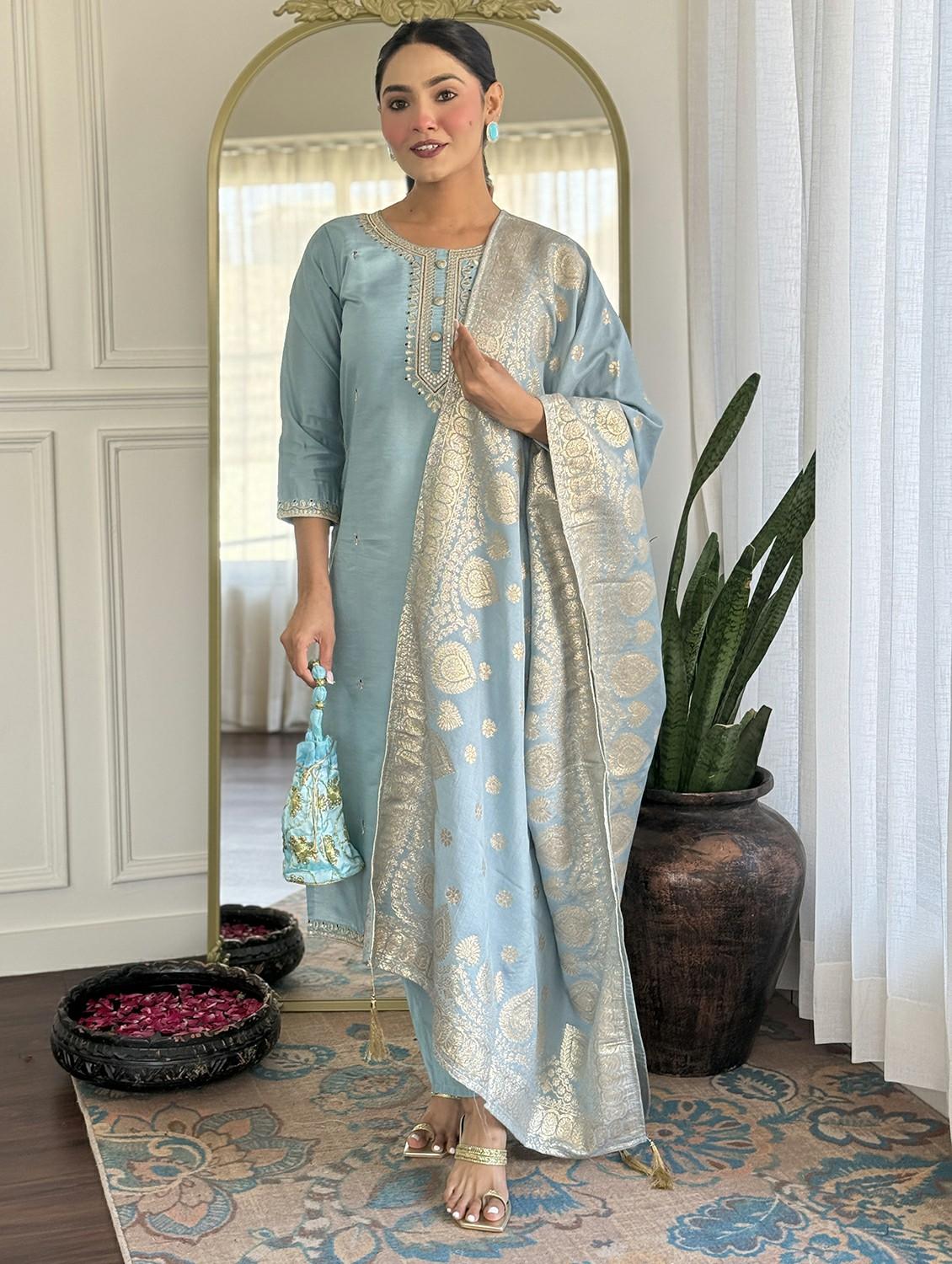 women embroidered three quarter sleeve kurta pant with dupatta set - 22011259 - Standard Image - 2