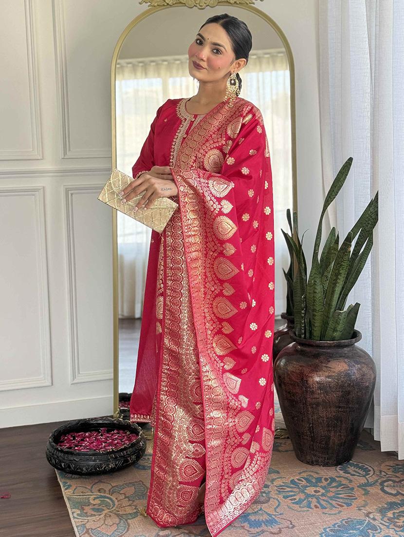 women embroidered three quarter sleeve kurta pant with dupatta set - 22011260 - Standard Image - 2
