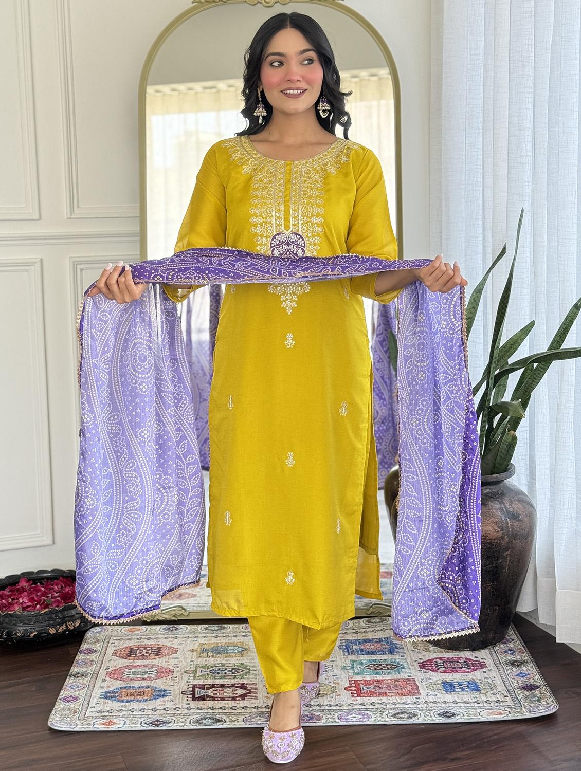 women embroidered three quarter sleeve kurta pant with dupatta set - 22011276 - Standard Image - 2