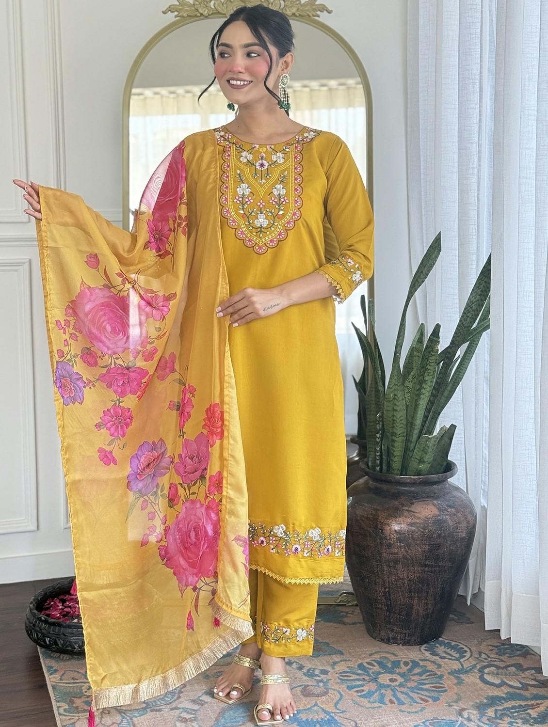 women embroidered three quarter sleeve kurta pant with dupatta set - 22011277 - Standard Image - 2