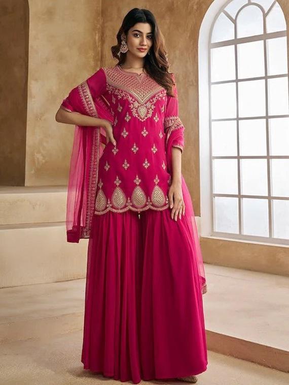 women embroidered three quarter sleeve kurta sharara with dupatta set - 22011420 - Standard Image - 2