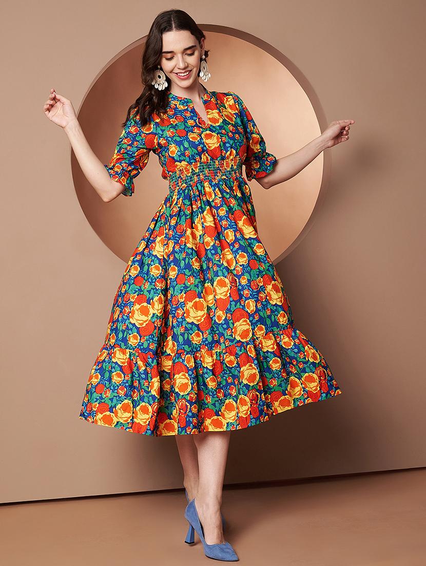 women floral print puff sleeve tiered dress