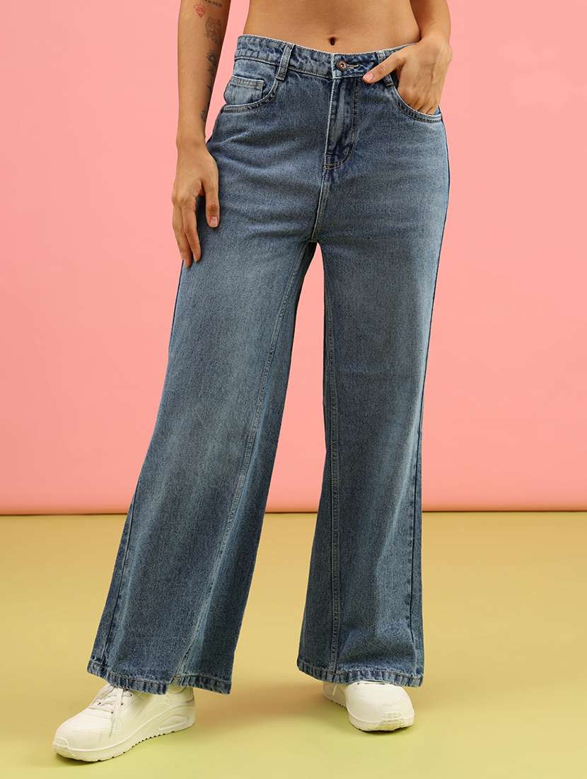 women solid mid rise wide leg jean