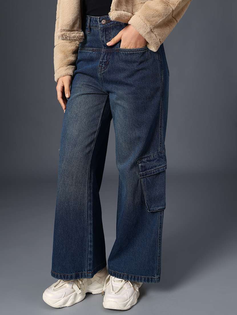 women solid high rise wide leg cargo