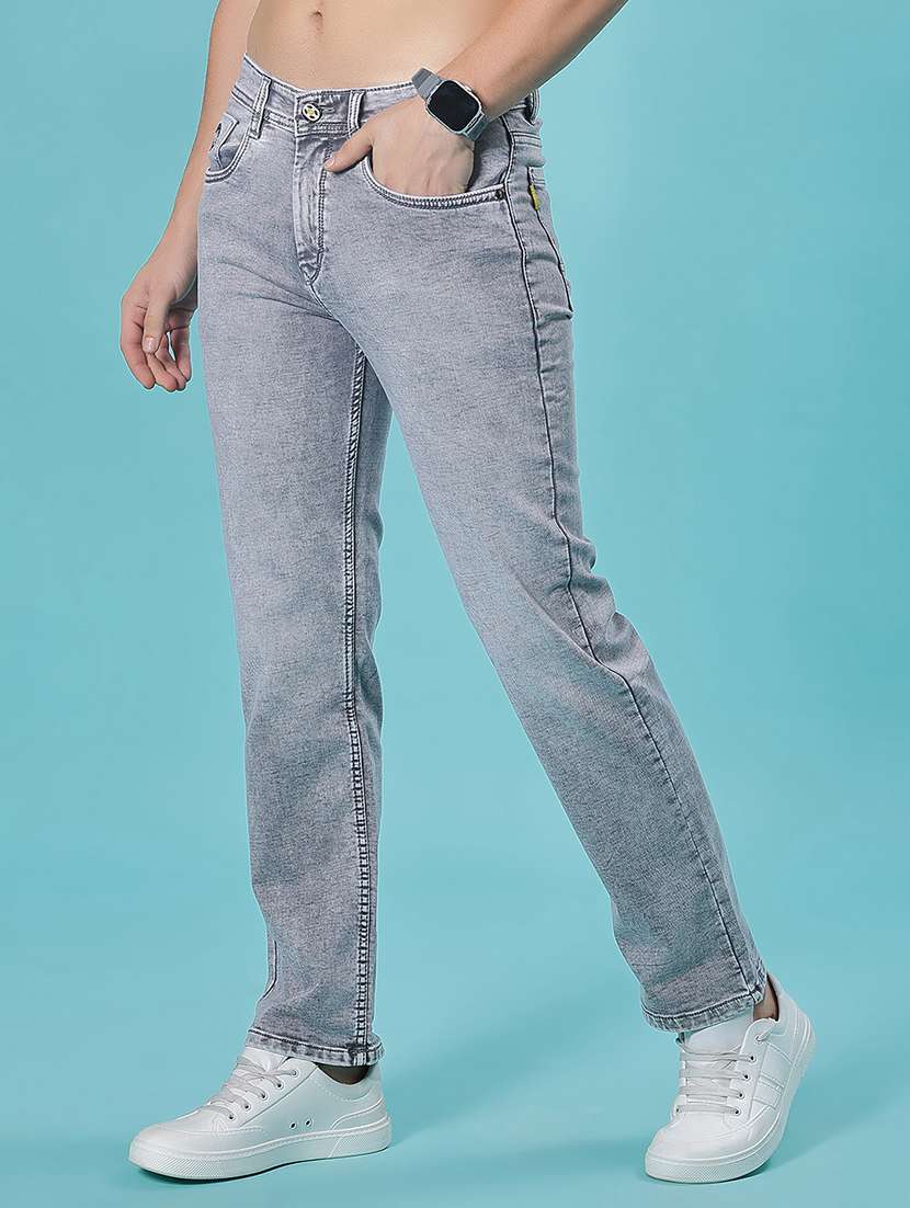 men washed mid rise full length jean