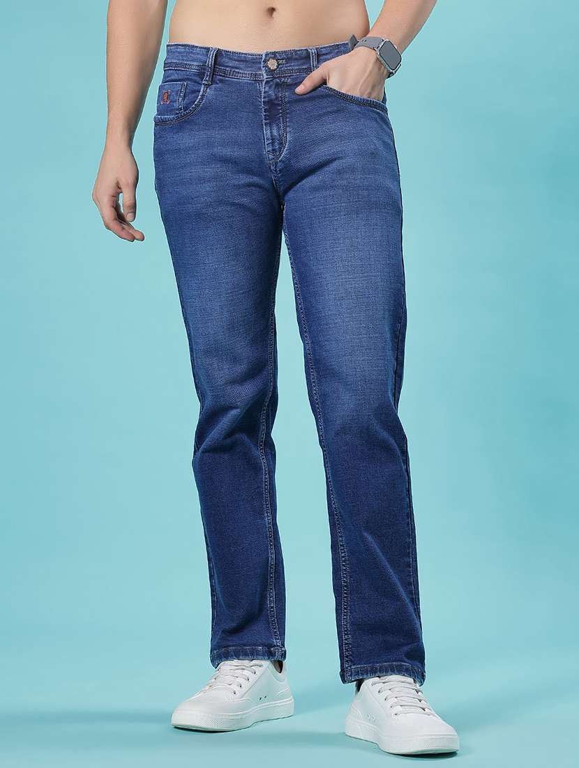 men washed mid rise full length jean