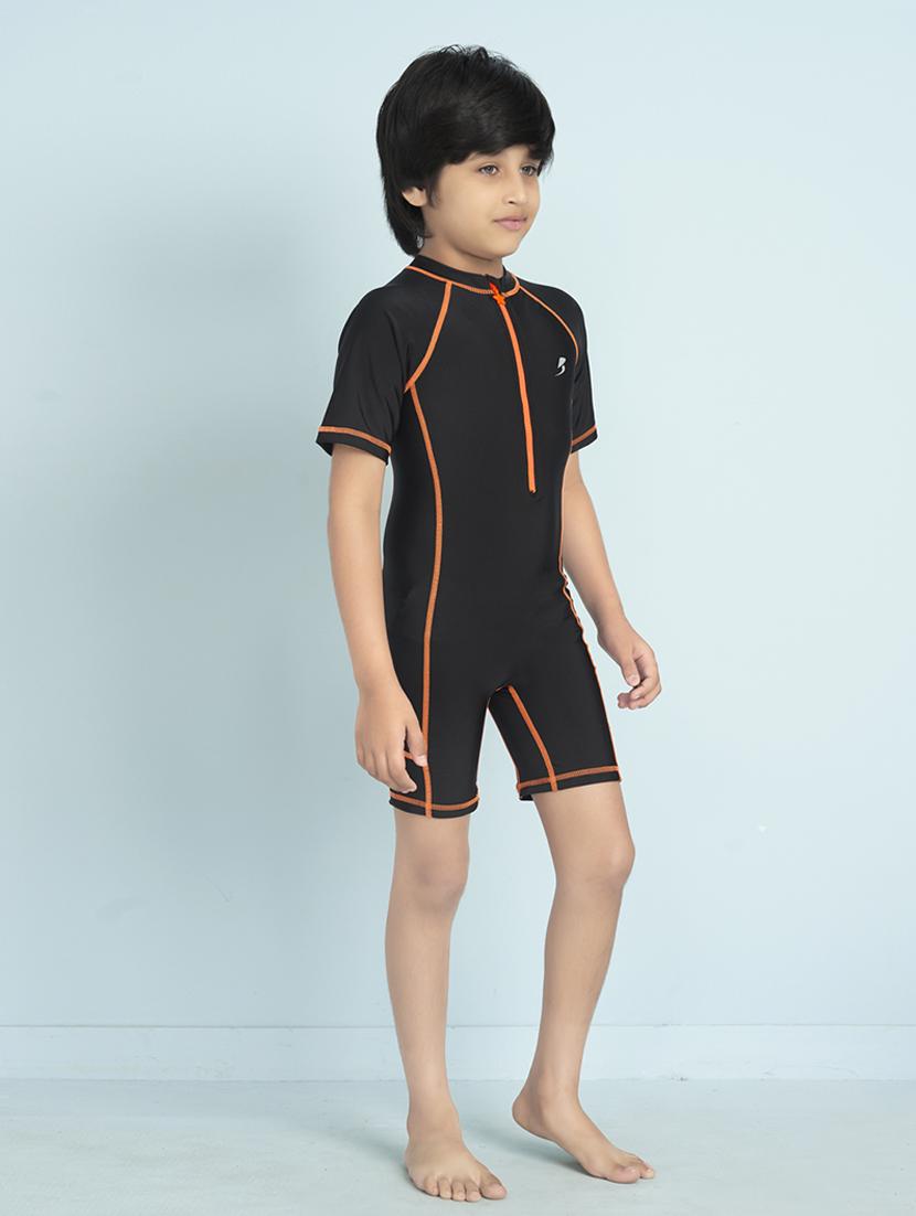 boys solid sports wear round neck swimsuit with goggles - 22011991 - Standard Image - 2