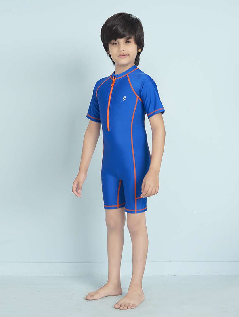 boys solid sports wear round neck swimsuit with goggles - 22011992 - Standard Image - 2