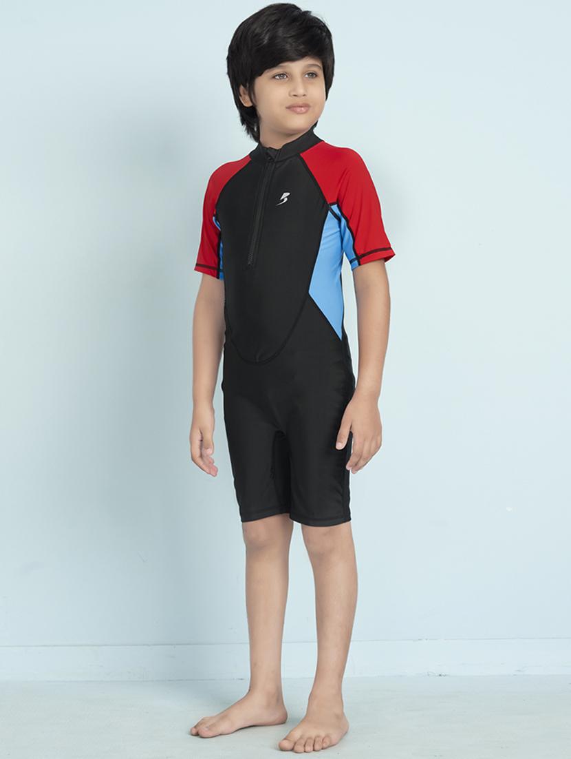 boys color block sports wear round neck swimsuit with goggles - 22011996 - Standard Image - 2