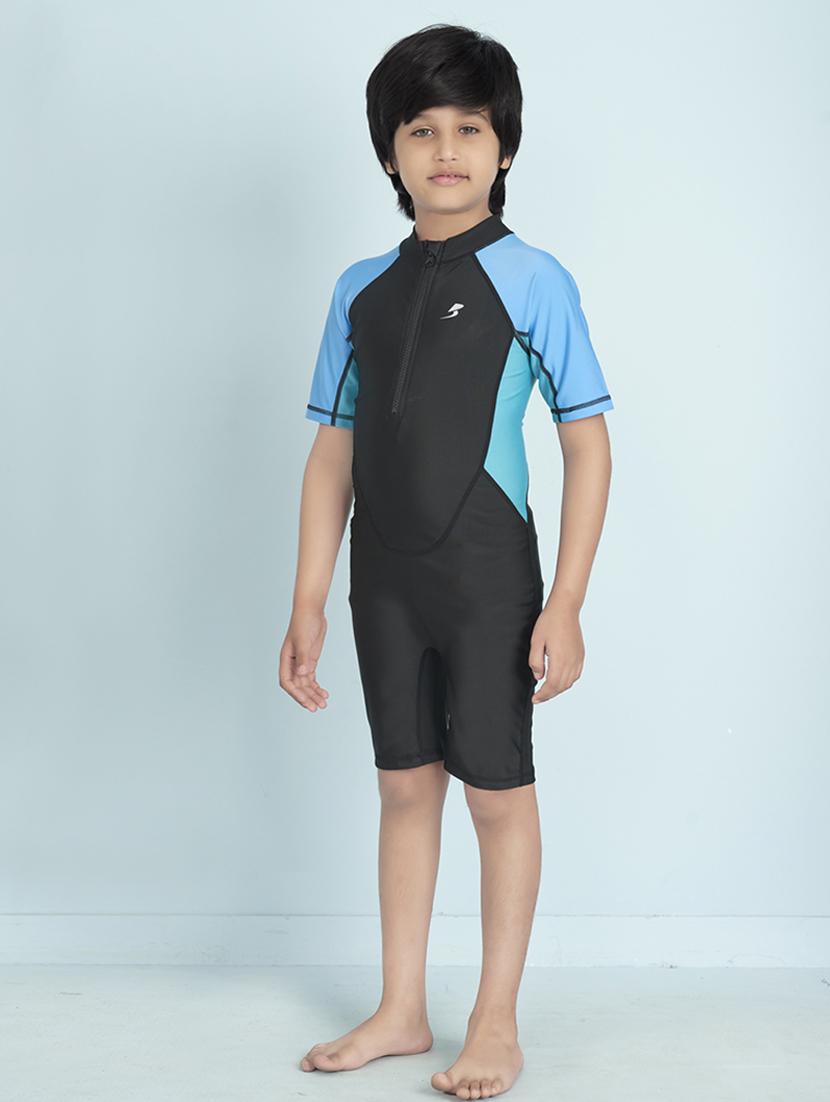 boys color block sports wear round neck swimsuit with goggles - 22011997 - Standard Image - 2