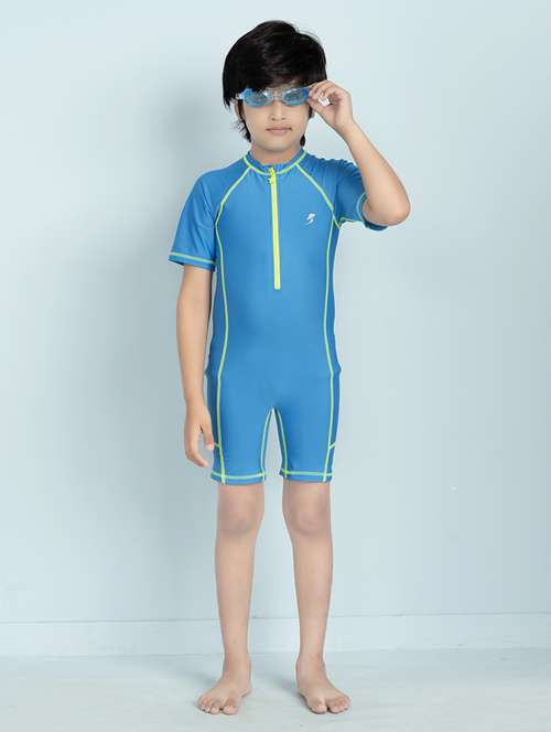 boys solid sports wear round neck swimsuit