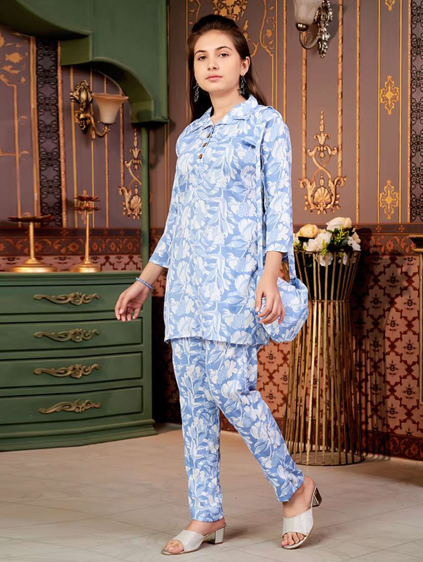 girls floral print collared kurta and pant set - 22012003 -  Standard Image - 2