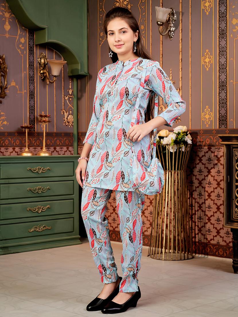 girls printed mandarin collar kurta and pant set - 22012005 - Standard Image - 2