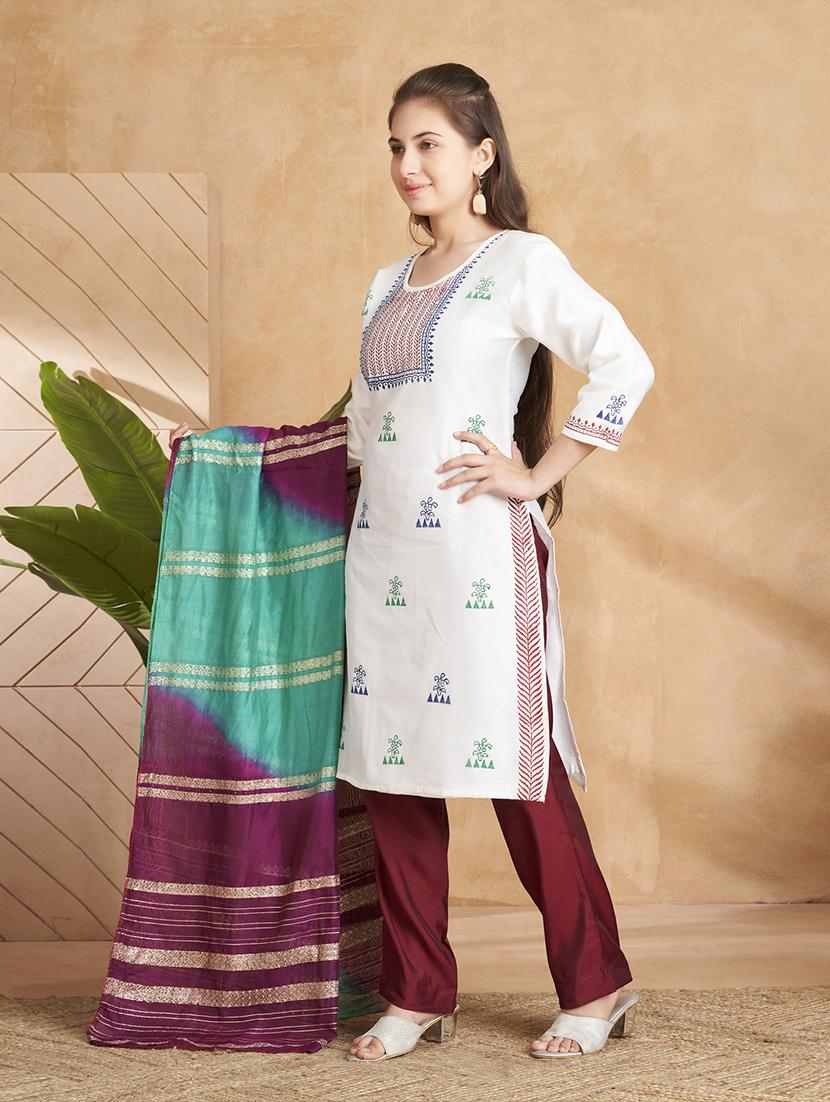 girls embroidered three quarter sleeve suit set - 22012021 - Standard Image - 2