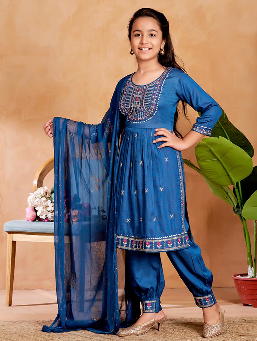 girls embroidered three quarter sleeve suit set - 22012022 - Standard Image - 2