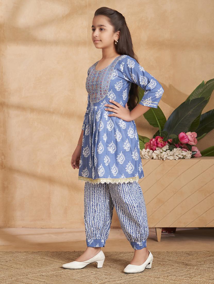 girls embroidered three quarter sleeve suit set - 22012024 - Standard Image - 2